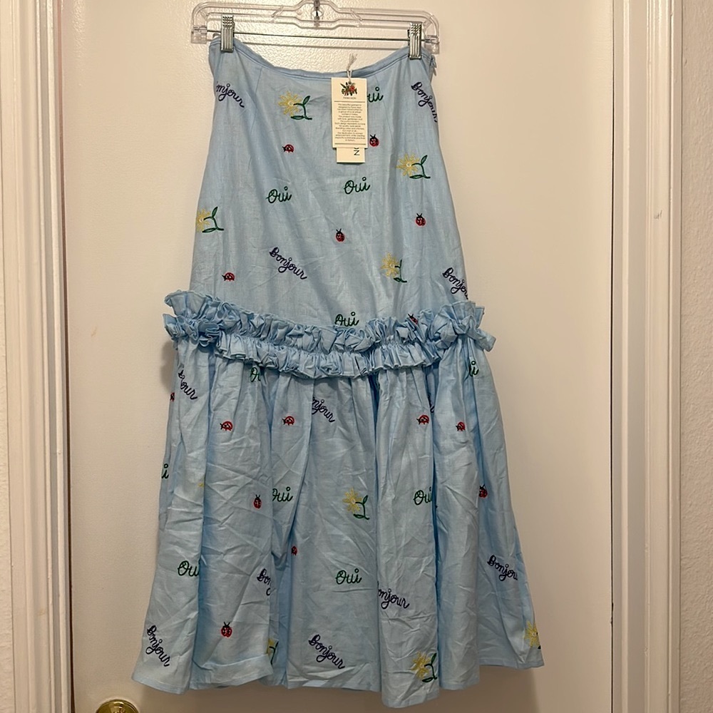 NWT Clare V. x Fanm Mon Exclusive Capsule Linen Embroidered Skirt Blue Size S